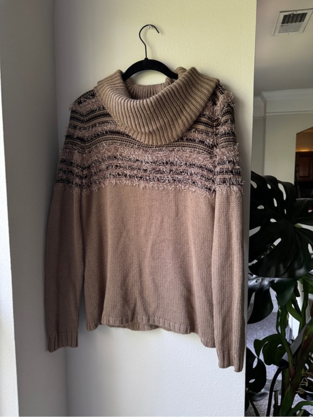Spense Taupe Knit Sweater with Maroon Stripe Detail